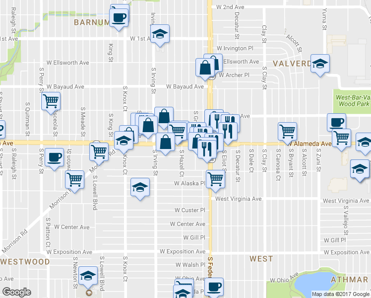 map of restaurants, bars, coffee shops, grocery stores, and more near 3100 West Alameda Avenue in Denver