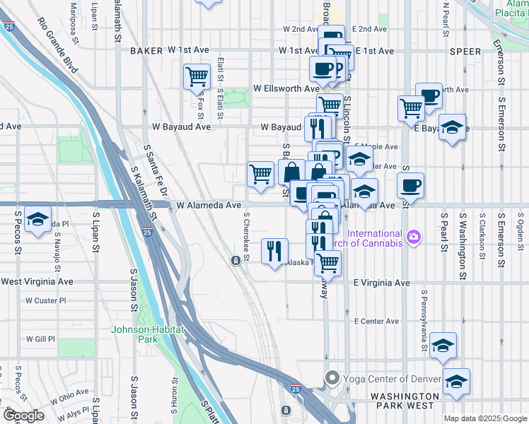 map of restaurants, bars, coffee shops, grocery stores, and more near 190 West Alameda Avenue in Denver