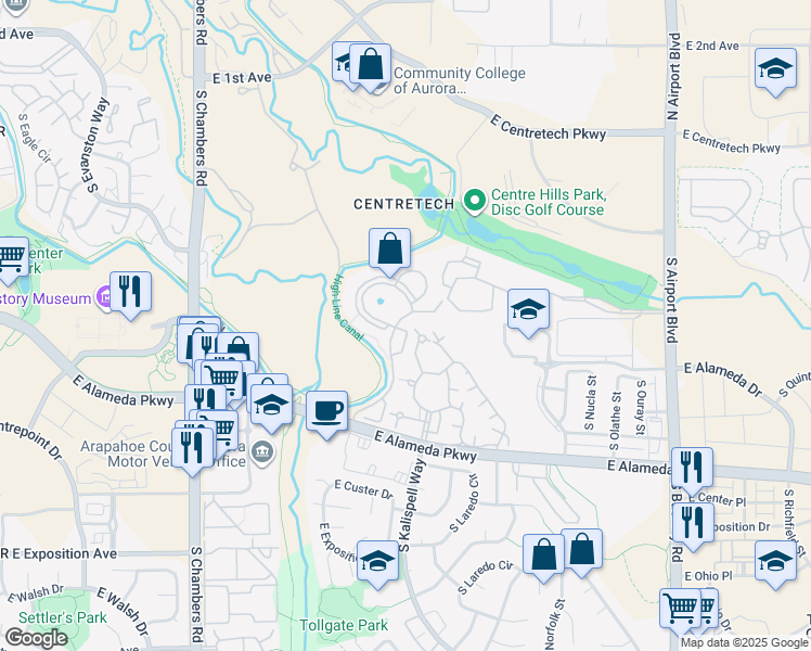 map of restaurants, bars, coffee shops, grocery stores, and more near 256 South Joplin Street in Aurora