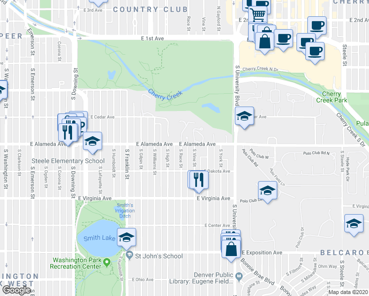 map of restaurants, bars, coffee shops, grocery stores, and more near 310 South Race Street in Denver