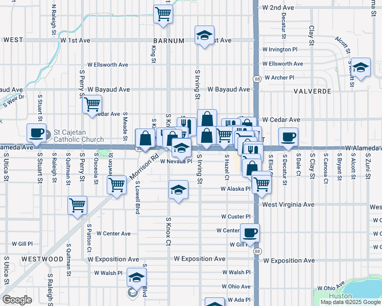 map of restaurants, bars, coffee shops, grocery stores, and more near 3390 West Alameda Avenue in Denver