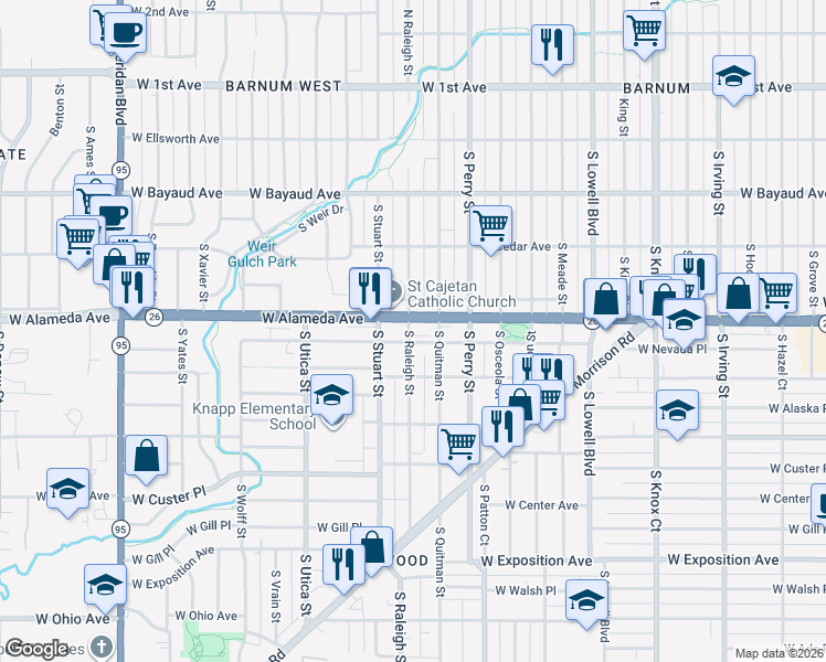 map of restaurants, bars, coffee shops, grocery stores, and more near 4192 West Alameda Avenue in Denver