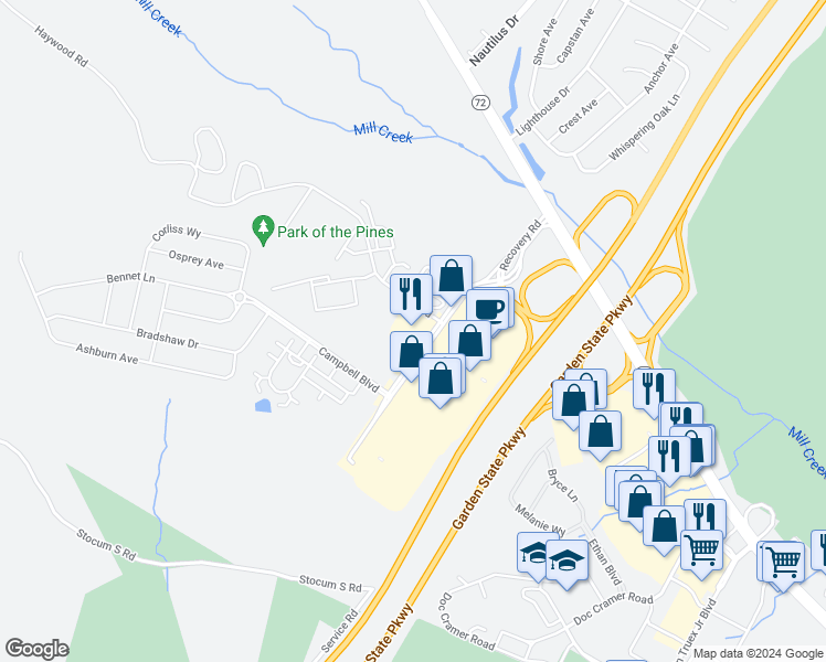map of restaurants, bars, coffee shops, grocery stores, and more near 234 Stafford Park Boulevard in Stafford Township