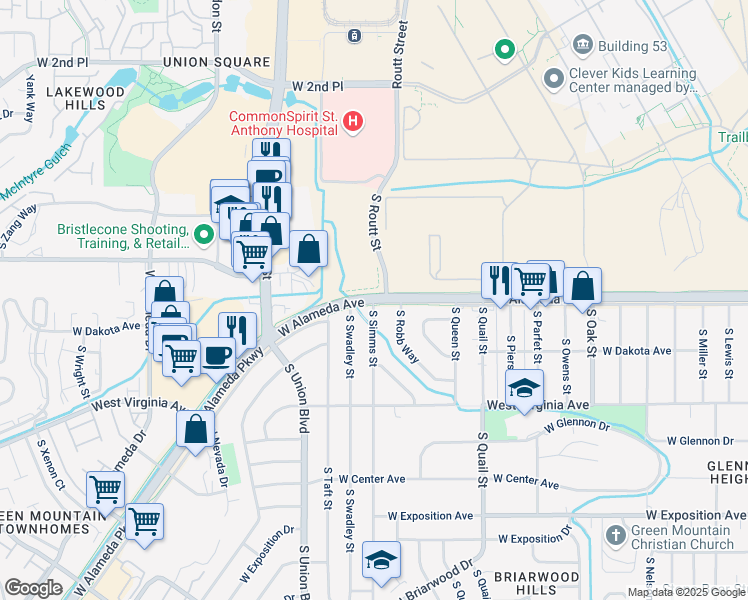 map of restaurants, bars, coffee shops, grocery stores, and more near S Simms St & W Alameda Ave in Lakewood