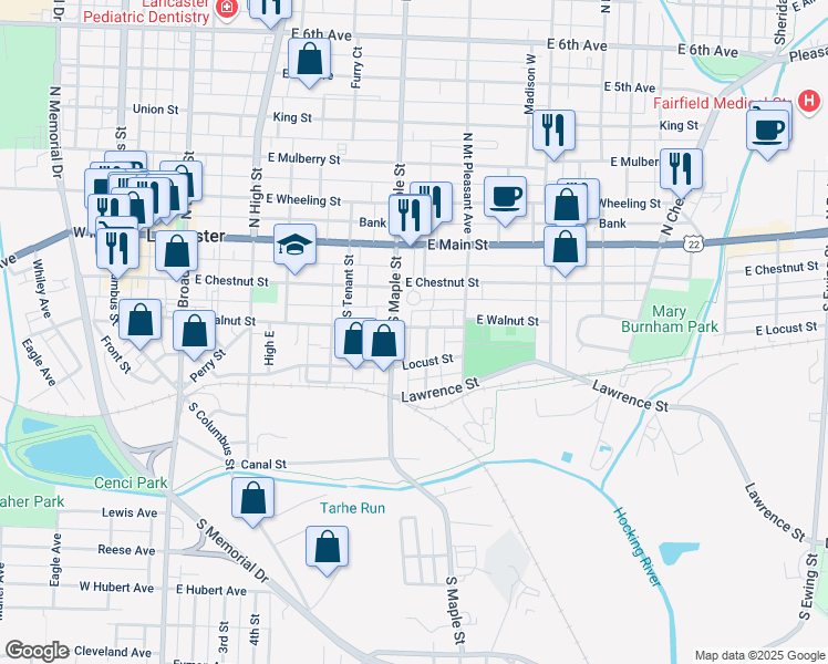 map of restaurants, bars, coffee shops, grocery stores, and more near 520 East Walnut Street in Lancaster