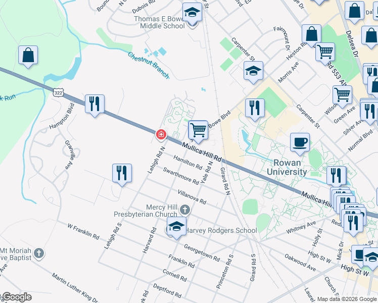 map of restaurants, bars, coffee shops, grocery stores, and more near 402 Harvard Road North in Glassboro