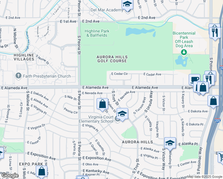 map of restaurants, bars, coffee shops, grocery stores, and more near 301 South Troy Street in Aurora