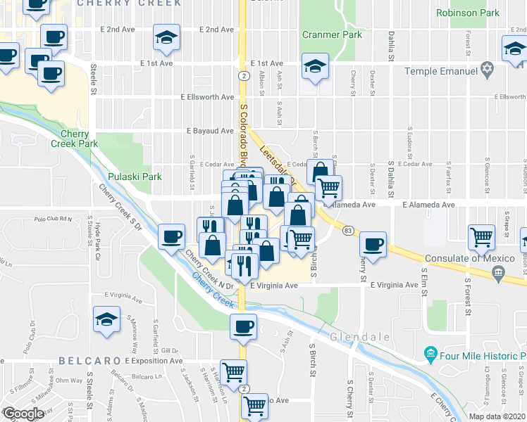map of restaurants, bars, coffee shops, grocery stores, and more near 4120 East Alameda Avenue in Denver