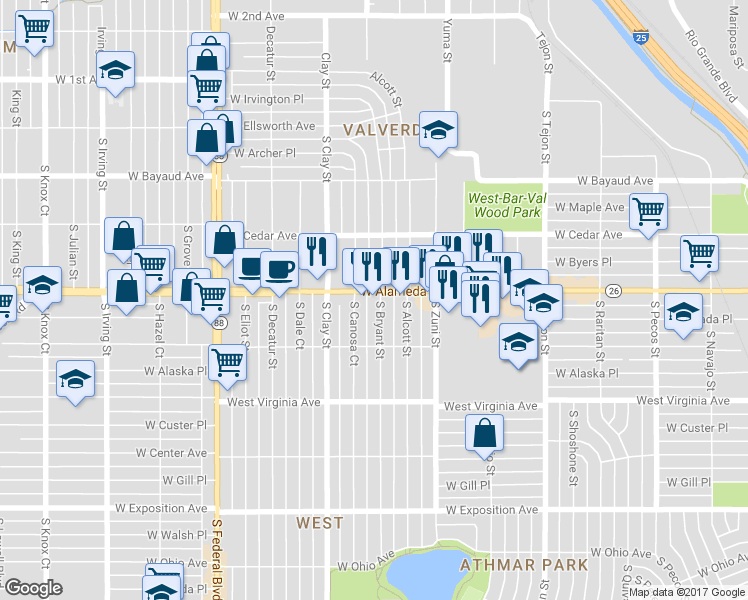 map of restaurants, bars, coffee shops, grocery stores, and more near 2600 West Alameda Avenue in Denver