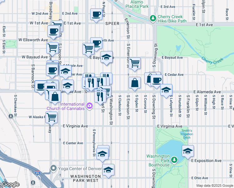 map of restaurants, bars, coffee shops, grocery stores, and more near 302 South Washington Street in Denver