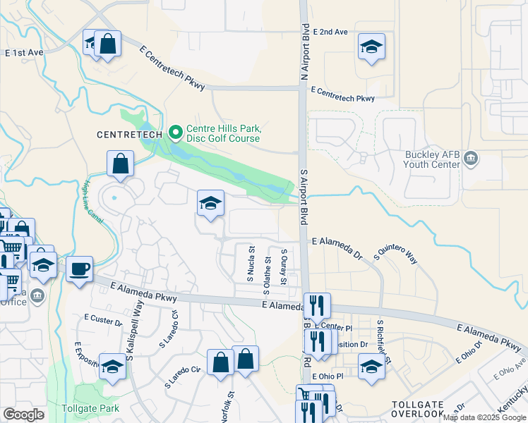 map of restaurants, bars, coffee shops, grocery stores, and more near 403 South Airport Boulevard in Aurora