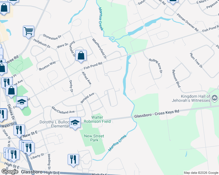 map of restaurants, bars, coffee shops, grocery stores, and more near 83 Pintail Drive in Glassboro
