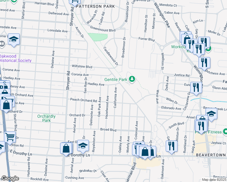 map of restaurants, bars, coffee shops, grocery stores, and more near 2517 California Avenue in Kettering