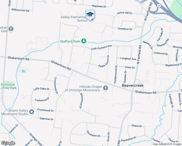 map of restaurants, bars, coffee shops, grocery stores, and more near 3596 Barlington Court in Beavercreek
