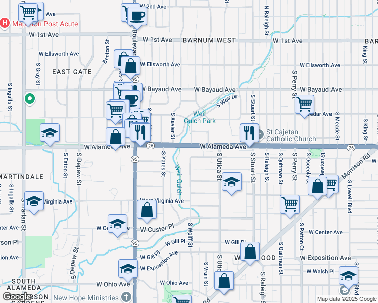 map of restaurants, bars, coffee shops, grocery stores, and more near 4688 West Alameda Avenue in Denver