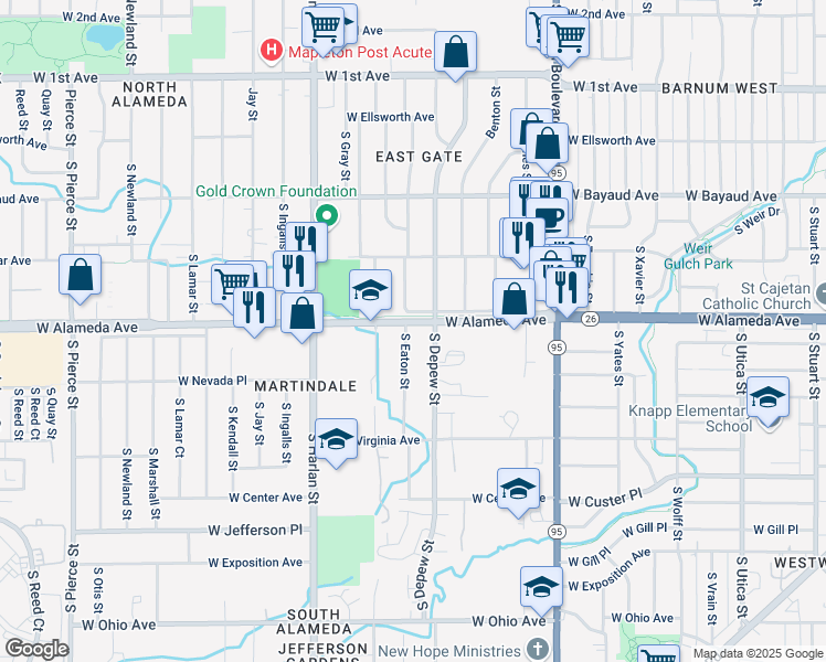 map of restaurants, bars, coffee shops, grocery stores, and more near 5640 West Alameda Avenue in Lakewood