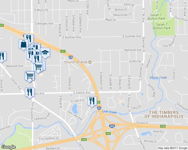 map of restaurants, bars, coffee shops, grocery stores, and more near 2900 East Hanna Avenue in Indianapolis