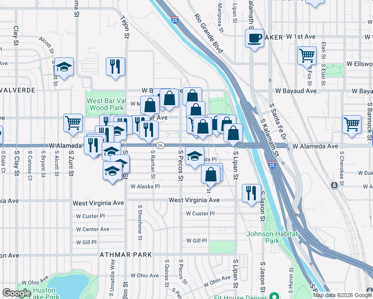 map of restaurants, bars, coffee shops, grocery stores, and more near 1390 West Alameda Avenue in Denver