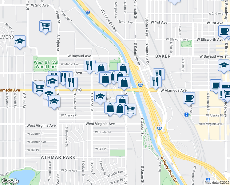 map of restaurants, bars, coffee shops, grocery stores, and more near 1262 West Alameda Avenue in Denver
