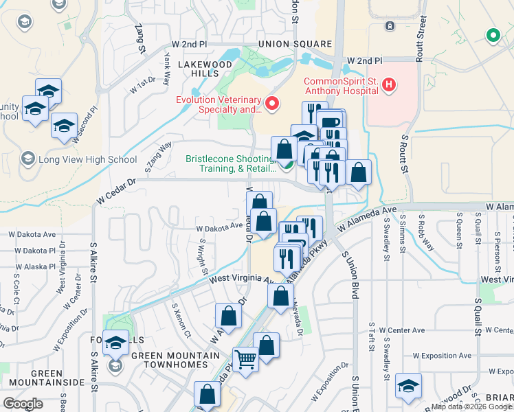 map of restaurants, bars, coffee shops, grocery stores, and more near 12290 West Alameda Drive in Lakewood