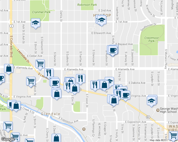map of restaurants, bars, coffee shops, grocery stores, and more near 300 South Forest Street in Denver