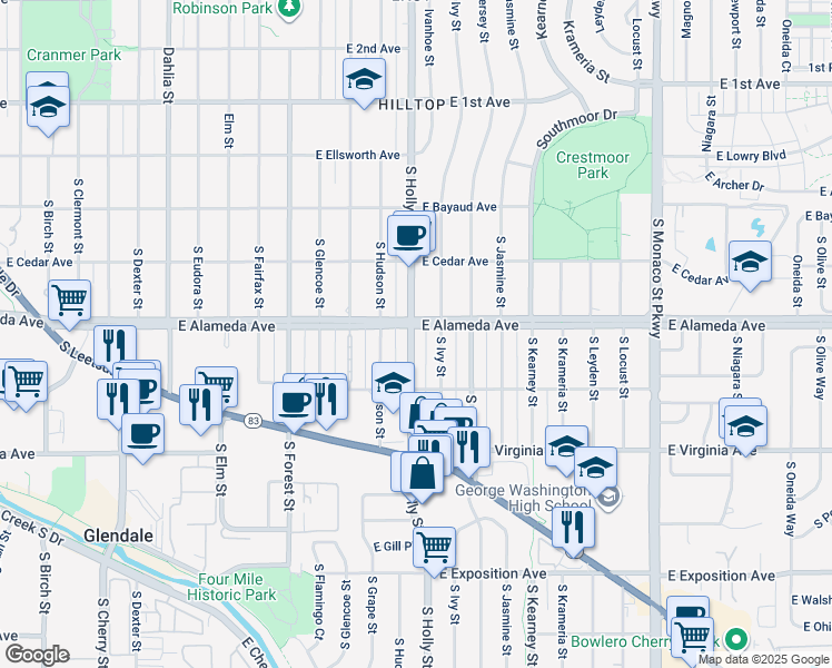 map of restaurants, bars, coffee shops, grocery stores, and more near 5600 East Alameda Avenue in Denver