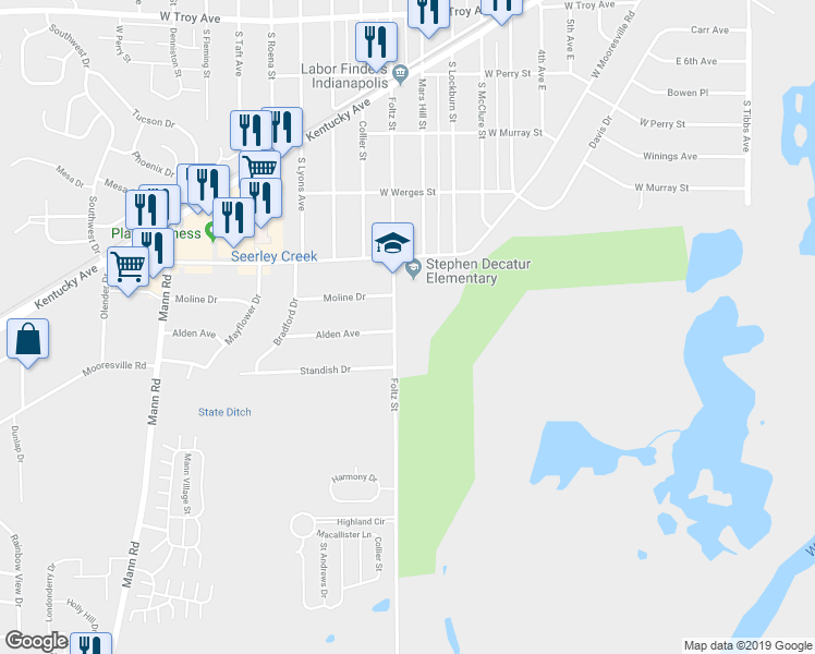 map of restaurants, bars, coffee shops, grocery stores, and more near 3425 Foltz Street in Indianapolis