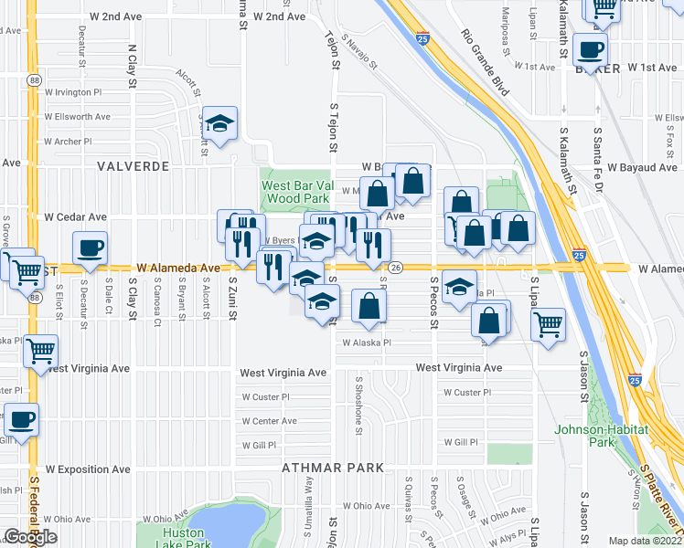 map of restaurants, bars, coffee shops, grocery stores, and more near 1590 West Alameda Avenue in Denver