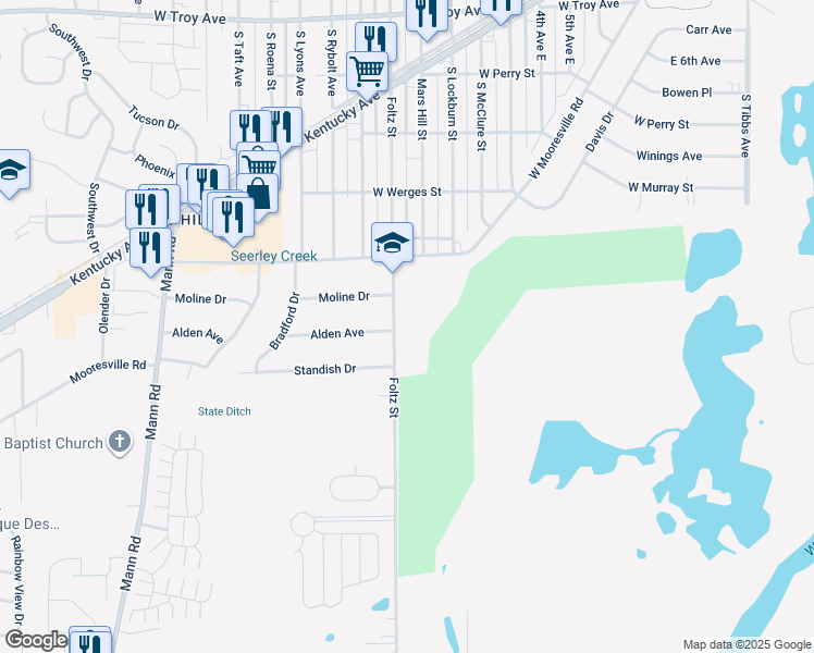 map of restaurants, bars, coffee shops, grocery stores, and more near 3425 Foltz Street in Indianapolis