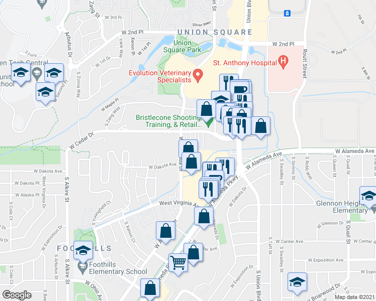 map of restaurants, bars, coffee shops, grocery stores, and more near 12290 West Alameda Drive in Lakewood