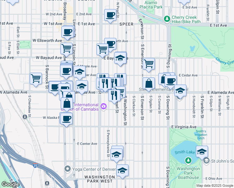 map of restaurants, bars, coffee shops, grocery stores, and more near 303 South Pearl Street in Denver