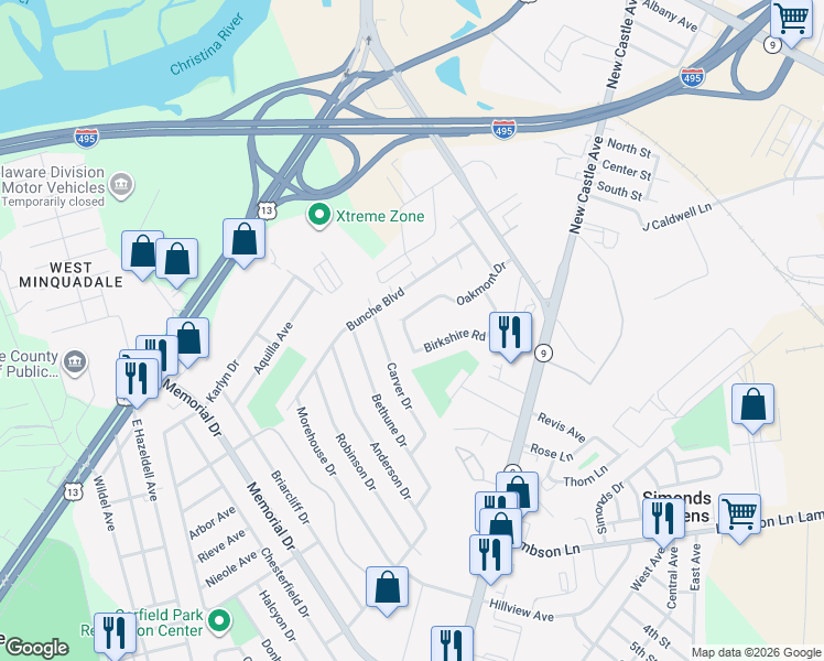map of restaurants, bars, coffee shops, grocery stores, and more near 10 Kingston Road in New Castle