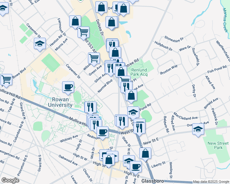 map of restaurants, bars, coffee shops, grocery stores, and more near 40 Campus Terrace in Glassboro