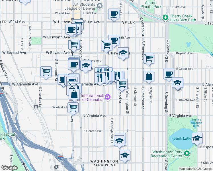 map of restaurants, bars, coffee shops, grocery stores, and more near 300 South Logan Street in Denver