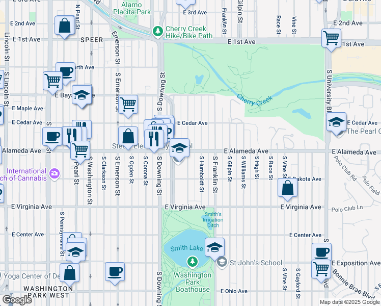 map of restaurants, bars, coffee shops, grocery stores, and more near 1400 East Alameda Avenue in Denver