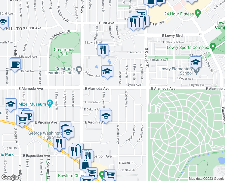 map of restaurants, bars, coffee shops, grocery stores, and more near 306 South Newport Way in Denver