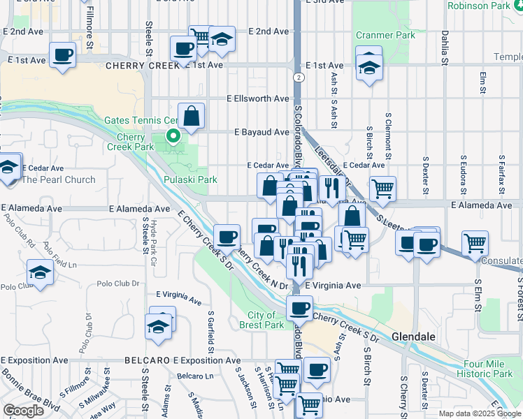 map of restaurants, bars, coffee shops, grocery stores, and more near 335 South Jackson Street in Denver