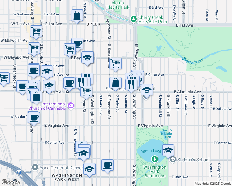 map of restaurants, bars, coffee shops, grocery stores, and more near 301 South Ogden Street in Denver