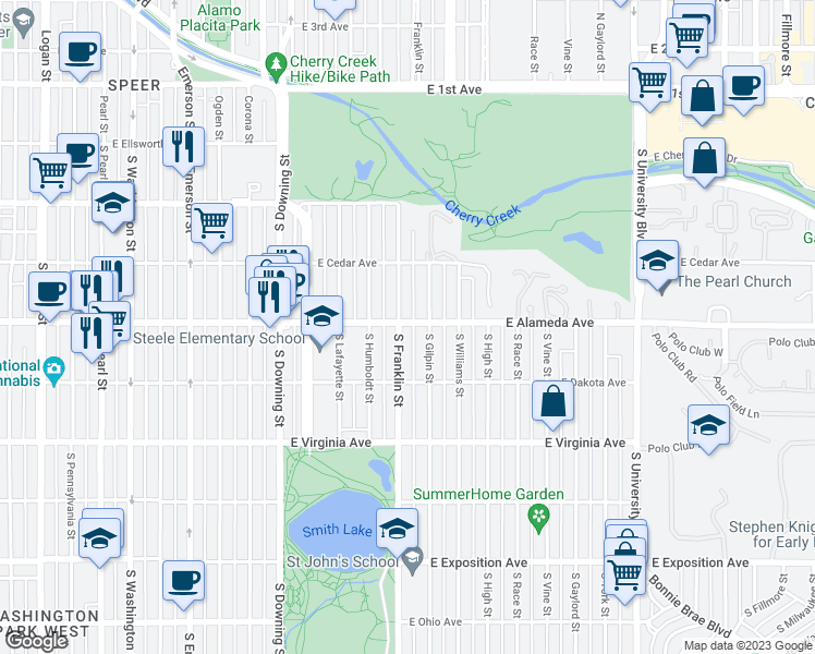 map of restaurants, bars, coffee shops, grocery stores, and more near 300 South Franklin Street in Denver