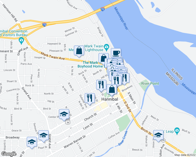 map of restaurants, bars, coffee shops, grocery stores, and more near 416 Hill Street in Hannibal