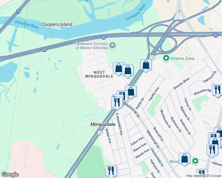 map of restaurants, bars, coffee shops, grocery stores, and more near 22 West Hazeldell Avenue in New Castle