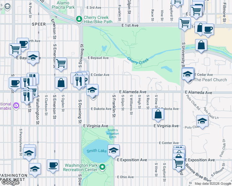 map of restaurants, bars, coffee shops, grocery stores, and more near 300 South Franklin Street in Denver