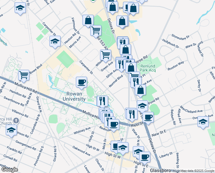 map of restaurants, bars, coffee shops, grocery stores, and more near 21 Normal Boulevard in Glassboro