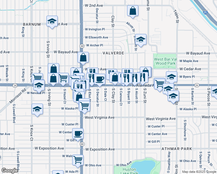 map of restaurants, bars, coffee shops, grocery stores, and more near 296 South Dale Court in Denver