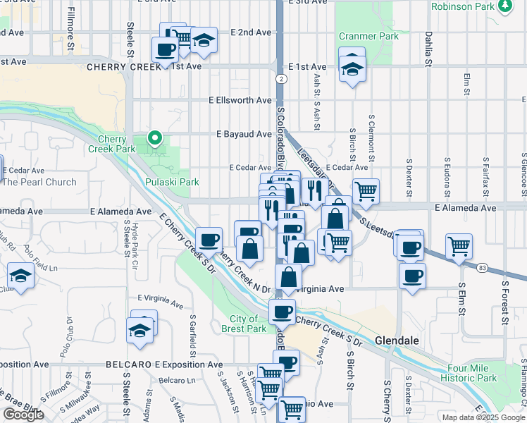 map of restaurants, bars, coffee shops, grocery stores, and more near 303 South Harrison Street in Denver