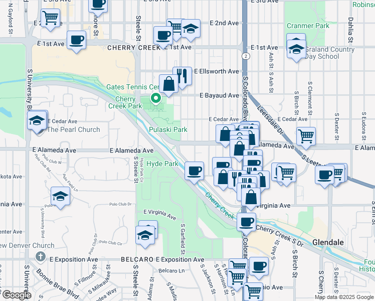 map of restaurants, bars, coffee shops, grocery stores, and more near 333 South Monroe Street in Denver