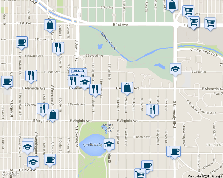 map of restaurants, bars, coffee shops, grocery stores, and more near 300 South Franklin Street in Denver