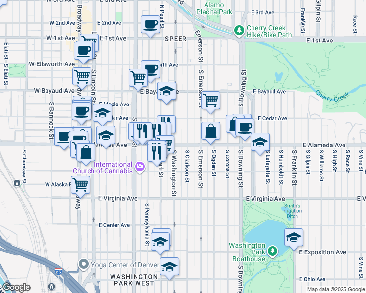 map of restaurants, bars, coffee shops, grocery stores, and more near 302 South Washington Street in Denver