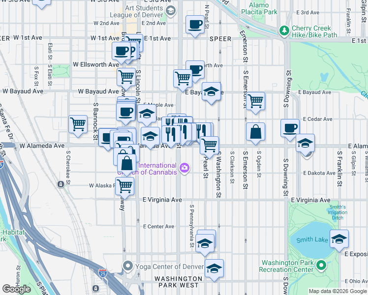 map of restaurants, bars, coffee shops, grocery stores, and more near 471 East Alameda Avenue in Denver