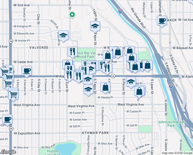 map of restaurants, bars, coffee shops, grocery stores, and more near 1590 West Alameda Avenue in Denver